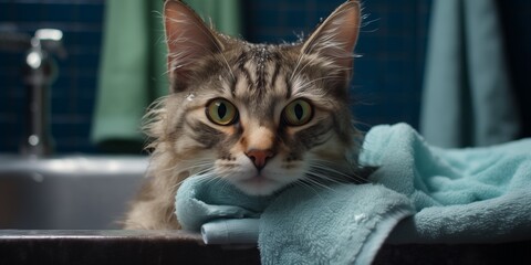 Poster - Portrait of a domestic cat after bathing