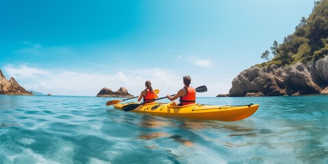 Wall Mural - Sea kayaking or canoeing concept with young kayaking