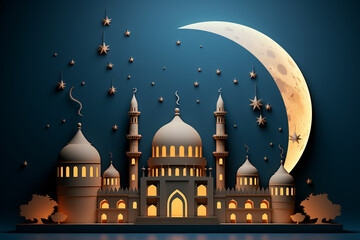 Wall Mural - Ramadan Kareem Background with Mosque and Crescent Moon.