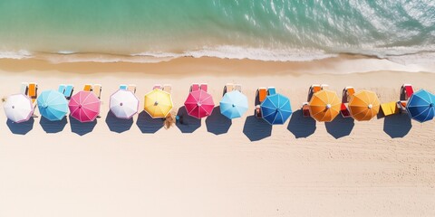 Poster - Aerial view to colorful beach with umbrellas