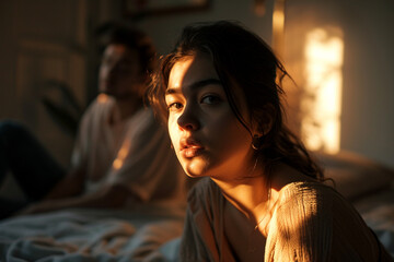 a couple sitting on bed with sad expression bokeh style background