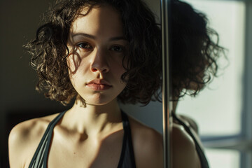 Wall Mural - a young woman looking through a camera with impassive face