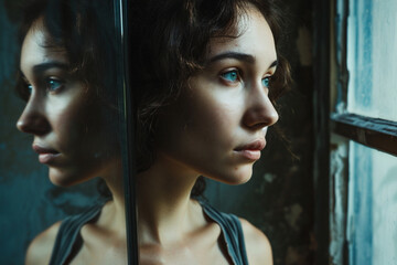 Wall Mural - a young woman looking through a camera with impassive face