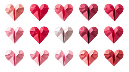 Wall Mural - Valentine's day rose pink and red gradient hearts set isolated on white background. Vector illustration. Paper origami pastel love symbol.