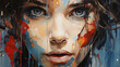 An abstract painting of a girl with blue and red colors.