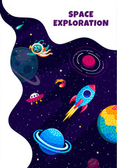 Poster - Space exploration poster. Cartoon rocket spaceship and alien with UFO between galaxy planets and stars. Cute alien astronaut vector character in fantasy space with spacecraft, fire comets and planets