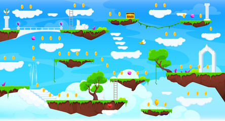 Poster - Arcade game level map with ground platforms and fluffy clouds in blue sky heaven vector background. Video or computer game interface assets, cartoon screen with floating platforms, trees, grass, items
