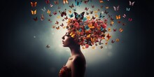 Human Mind With Flowers And Butterflies