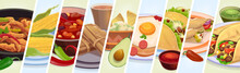 Tex Mex Mexican Cuisine Food Collage Of Meals And Dishes, Vector Background. Mexico Cuisine Collage Of Burrito, Taco And Quesadilla With Tamale, Guacamole Avocado Salsa And Fajita With Corn And Chili