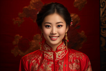 Wall Mural - chinese woman model wearing red traditional dress