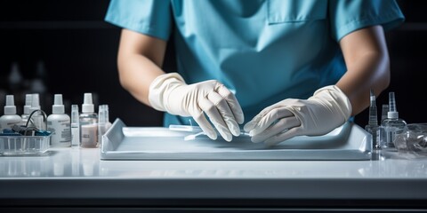 Canvas Print - The manicurist thoroughly prepare her workplace