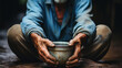 Forgotten Hunger: Elderly Homeless Man Begging with an Empty Plate