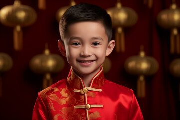 Wall Mural - chinese young boy kid wearing red traditional clothes