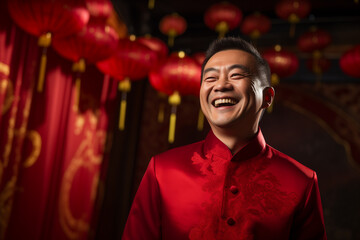 Wall Mural - handsome chinese man wearing red traditional clothes