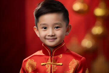 Wall Mural - chinese young boy kid wearing red traditional clothes