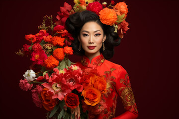 Wall Mural - beautiful chinese bride in traditional wedding dress and flower