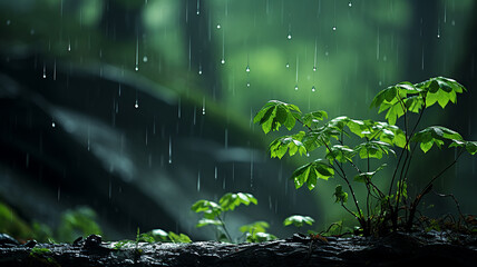 Wall Mural - green forest, dew drops and wet rain on young leaves and shoots in the depths of the green forest of the wild