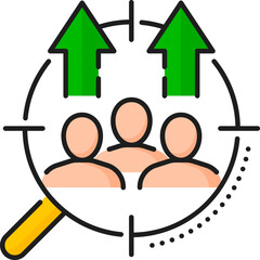 Aufkleber - Target audience growth. SEM. Search engine marketing. Online marketing campaign, SEO results analytics or Internet ads performance line vector symbol with clients, magnifying glass and scope crosshair