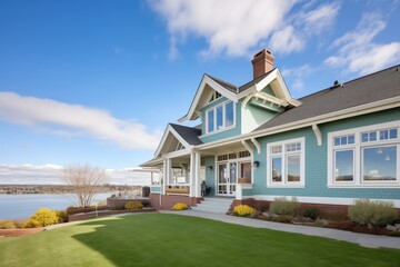 classic shingle style home with blue shutters, ocean view