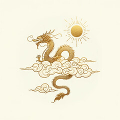 Wall Mural - minimal watercolor illustrations of a mythical gold dragon on a cloud , designed in a traditional Chinese style
