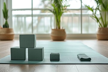 Wall Mural - Modern yoga mat with yoga blocks, isolated on a serene studio background