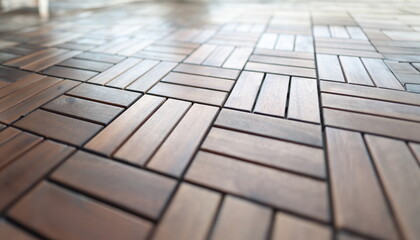 Wall Mural - Wooden brown tiles lying on floor closeup. Sale of parquets and laminates concept