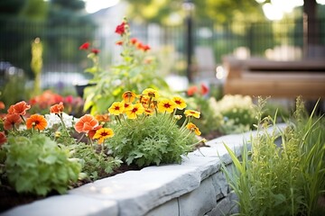 Wall Mural - elegant stone raised beds with perennial blooms