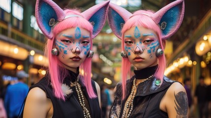 Canvas Print - Two women with pink hair and cat ears. Generative AI.