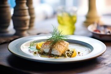 Wall Mural - cod on a rustic plate with lemon and dill