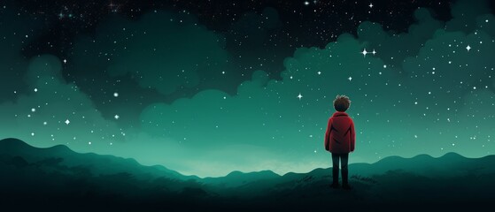 Wall Mural - enchanting night dreams: lonely boy in red jacket gazing at starry sky - illustration with copy spac