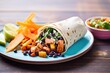 burrito with sweet potato and black beans, tortilla chips beside