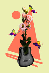 Poster - Creative vertical picture collage lovely black white acoustic guitar fresh flowers blossom tulips flying butterflies drawing background