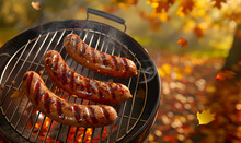 Grilled Sausages On The Grill In The Autumn Park. Picnic In The Forest. Edited AI Illustration.