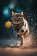 A very focused cat chasing a ball, dynamic action, front view, blurred background