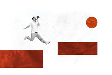 Aufkleber - Collage creative poster monochrome effect excited happy joyful young man scream loudspeaker noise white empty background