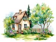 Watercolor drawing of little country village house with small garden and flowers around it. AI generated.