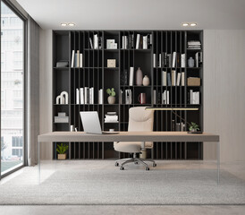 Wall Mural - Working room modern luxury style with wooden desk.3d rendering