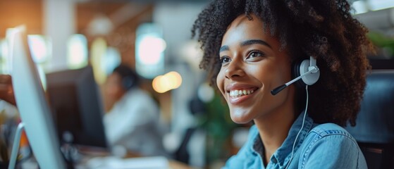 A portrait of a young woman working as a call center operator and managing tasks within the central customer service hub, wearing headphones and holding a microphone. Generative AI.