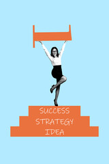 Canvas Print - Vertical creative collage poster standing young attractive business lady reach top target accomplishment done victory winner leader