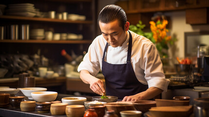 Wall Mural - Bowlful of Flavor: Culinary Mastery Unfolding in a Japanese Kitchen