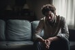 Isolated african american man sitting on the sofa in a dark room, experiencing depression and anxiety. Mental health concept