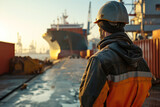 Fototapeta  - Male worker in a hard hat in a cargo port with a ship in the background, rear view