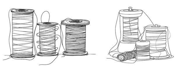 Spools of thread in one continuous line drawing.