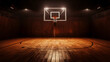 An empty basketball court with wooden floor and a hoop, in the style of dramatic


