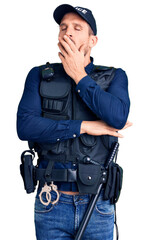 Sticker - Young handsome man wearing police uniform bored yawning tired covering mouth with hand. restless and sleepiness.