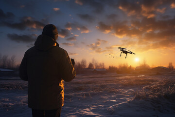 Wall Mural - The man in this picture is preparing the landing of a drone for the flight at sunset, in the style of photo-realistic landscapes, zeiss ikon zm, environmental portraiture, farm security administration