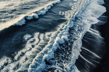 Wall Mural - Aerial Photography of Waves crashing on a black sand beach in Iceland. Generative AI