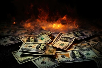 A burning pile of dollars symbolize bankruptcy. Inflation money recession background concept.