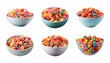 Collection bowl of colorful fruit cereals isolated on a transparent background