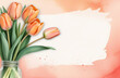 Spring greeting card with a bouquet of tulips in a Peach Fuzz color vase on a pastel peach background. Mother's day, grandmothers day, valentine card with copy space